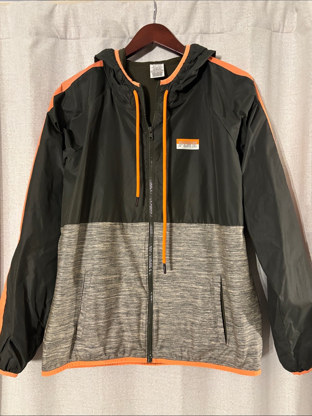 Women’s Olive Green & Orange Hooded Lined Windbreaker Jacket